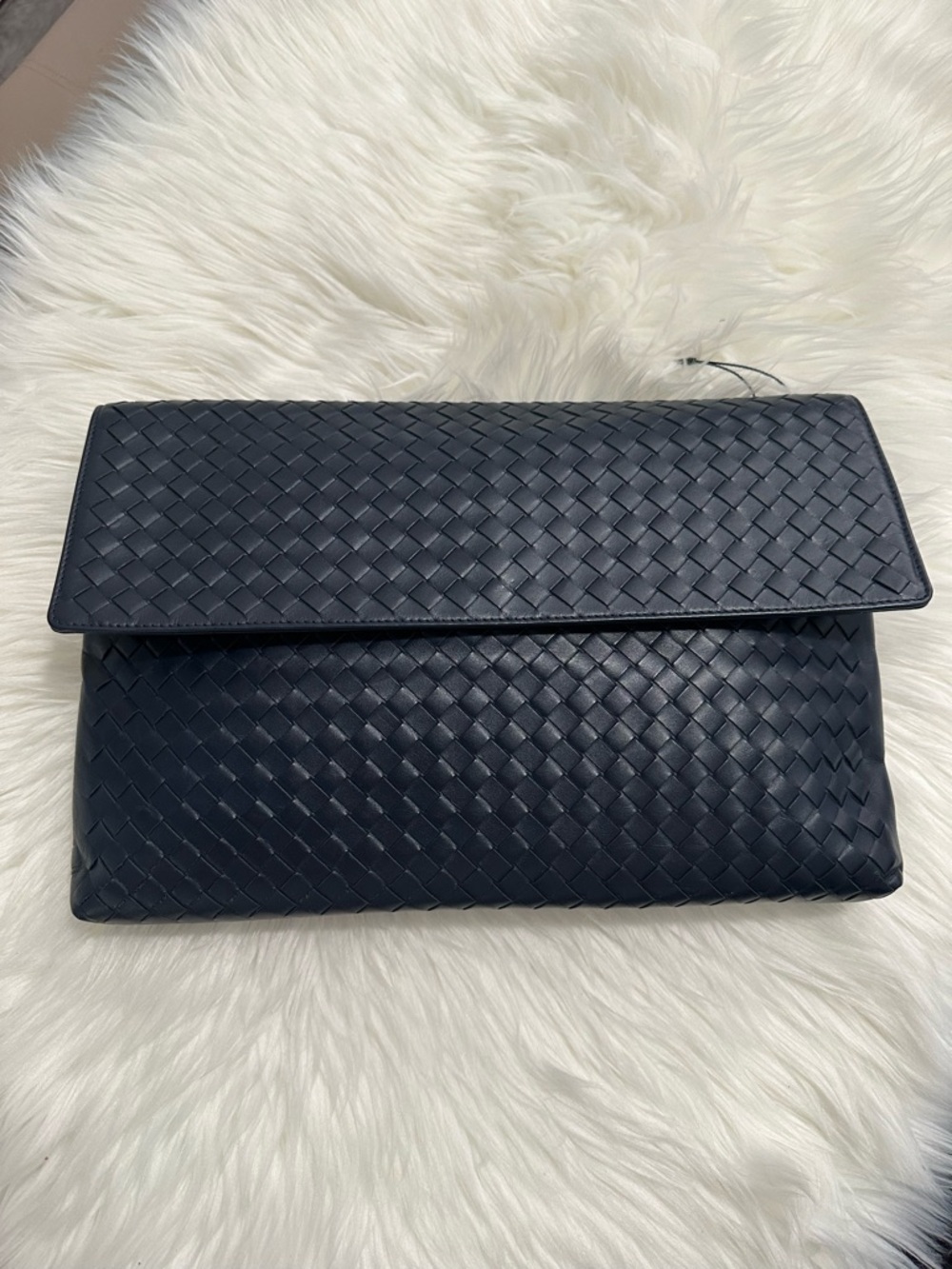 Bottega Veneta Navy Leather Zip-Top Clutch bag with Brushed Silver Hardware